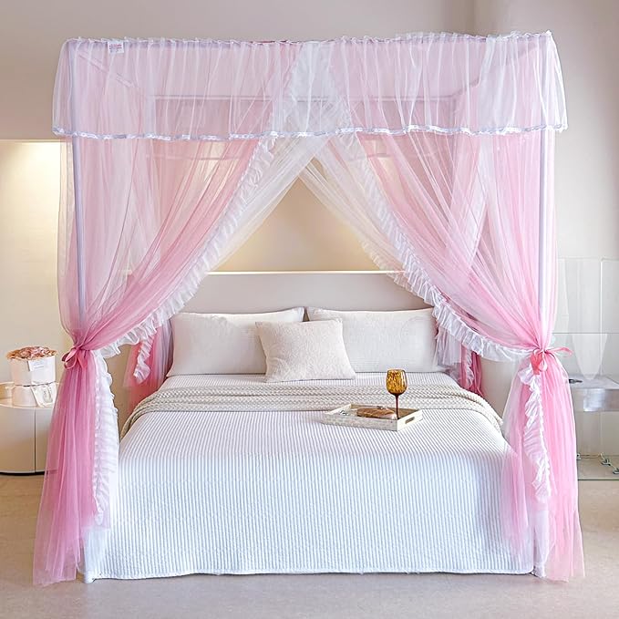 AIKASY 4 Corners Post Ruffle Princess Bed Canopy Curtain - Double Layer Cozy Drape Netting with 4 Openings - Elegant Mosquito Net for Girls and Adults Bedroom Decoration (Pink, Twin)