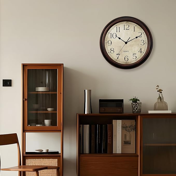12 Inch Wall Clocks Battery Operated Silent Non-Ticking Analog Wall Clock Vintage Retro Rustic Style Decorative for Living Room Kitchen Home Office(Bronze)