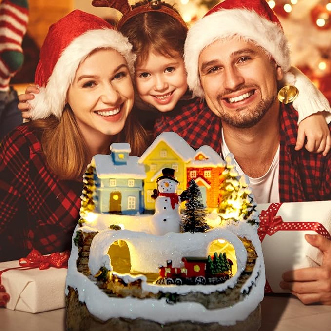 Christmas Decorations Village House Resin Collectible Building Figurines Revolving Train Musical Snow Globe 8 Music for Vintage Christmas Decor (Snow Man)