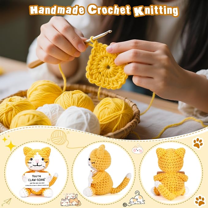 Crochet Cat Lover Gifts for Women Men, Small Funny Handmade Emotional Positive Crochet Animals Stuffed Plush, Mini Cool Cute Stuff Things Presents for Girls Boys, Fun Kitten Kitty Cat Ornament Decor