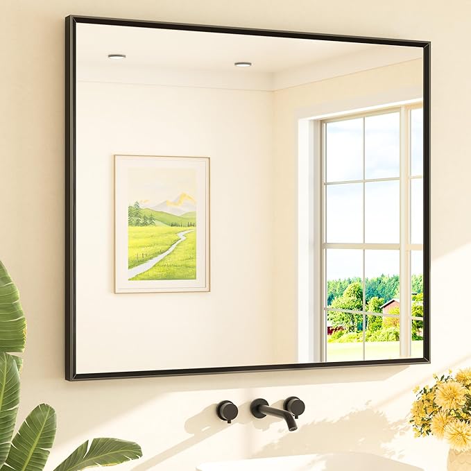 TETOTE Black Bathroom Vanity Mirror Beveled Frame 42" x 36" Black Rectangle Metal Framed Bathroom Wall Mirror for Over Sink, Tempered Glass, Modern Farmhouse Bedroom, Entryway, Living Room