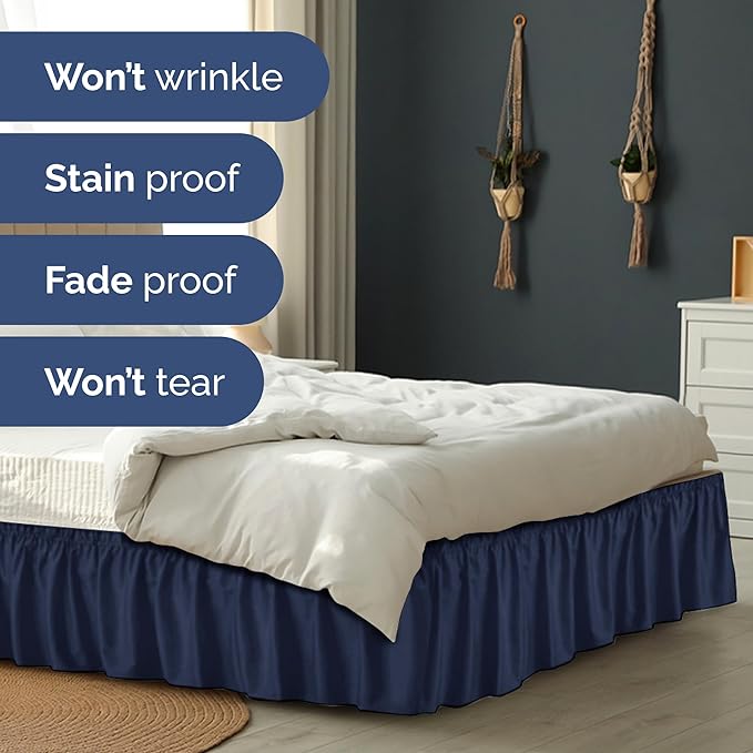 Wrap Around Dust Ruffle Bed Skirt - Navy Blue - Twin/Twin XL Size Beds with 18 Inch Drop - Elastic Strap - Adjustable Pleated Bedskirt with Brushed Fabric and Wrinkle Free - Women, Men, Kids & Teens