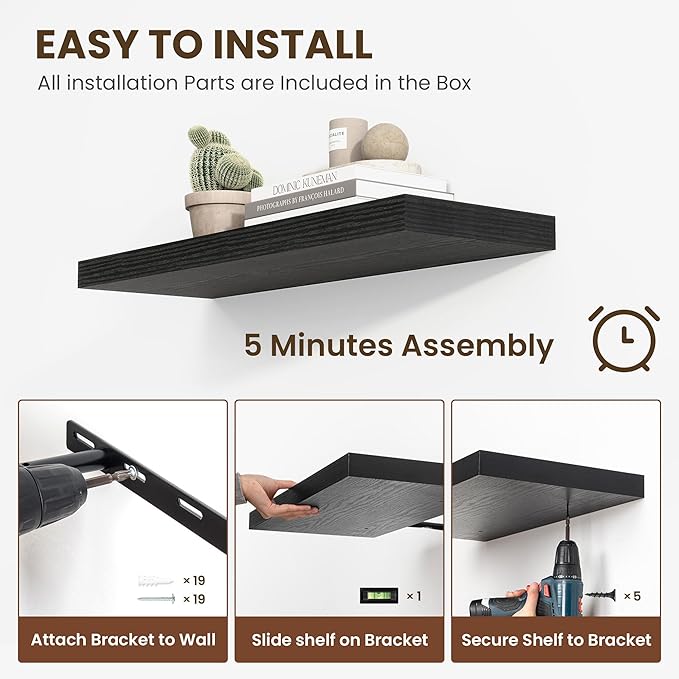 55 Inch Floating Shelves, 12 Inch Deep Floating Shelves for Wall, Floating Shelf with Invisible Brackets, Deep Shelves for Bathroom, Bedroom, Living Room, 1 Pack, Black