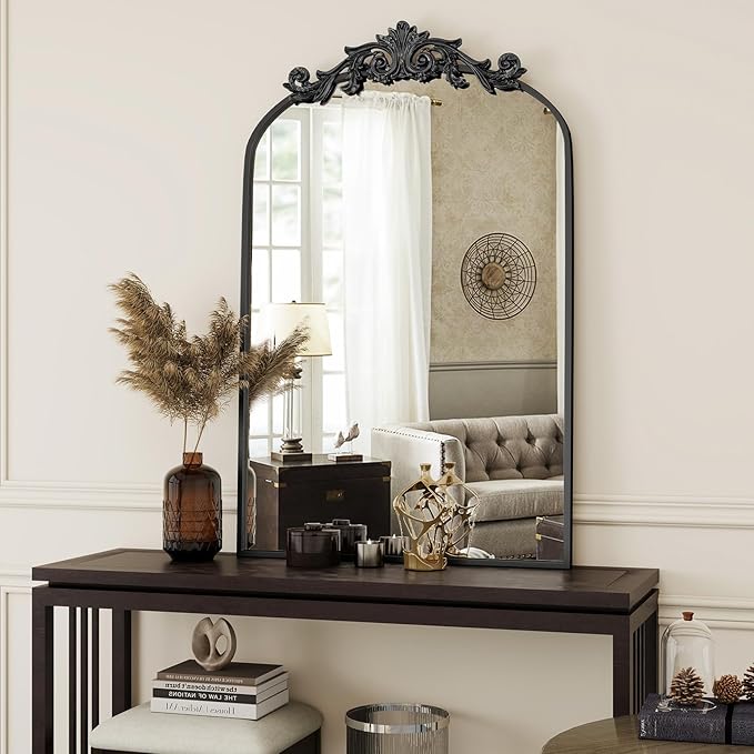 VooBang Vintage Arched Bathroom Mirror, 24x36 Inch Retro Wall Mounted Vanity Mirror with Carved Pattern Top and Metal Frame, Black Decorative Mirror for Hanging or Leaning
