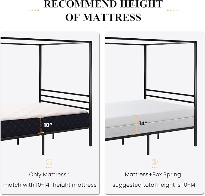 SHA CERLIN Canopy Bed Frame Queen Size/Mattress Foundation with Metal Slats Support/No Box Spring Needed/Easy Assembly/Black