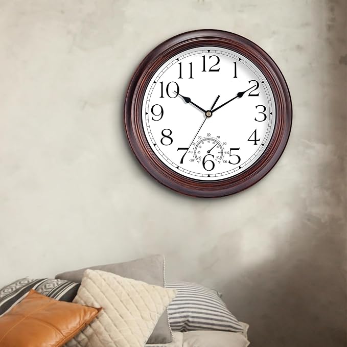 10 Inch Outdoor Wall Clock with Thermometers, Vintage Silent Wall Clocks Battery Operated, Retro Non-Ticking Clock Decorative for Living Room, Patio, Kitchen, Office, Bathroom, Bedroom(Bronze)