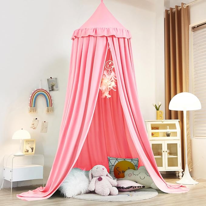 Kertnic Decor Canopy for Kids Bed, Soft Smooth Playing Tent Canopy Girls Room Decoration Princess Castle, Dreamy Mosquito Net Bedding, Children Reading Nook Canopies in Home (Nordic Pink)