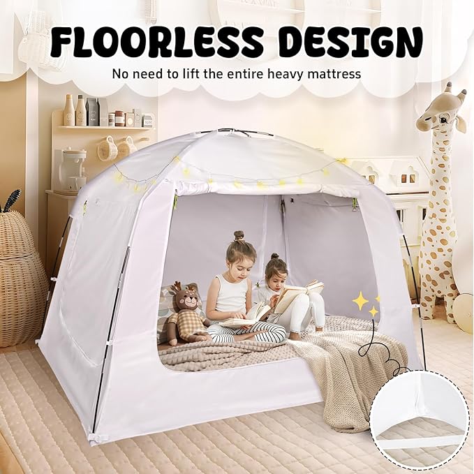 Bed Tent Bed Canopy Twin Size for Kid and Adults 100% Breathable Tents 4 Doors 80% Blackout - Indoor Portable Sleeping Tents Privacy Large Space with String Light