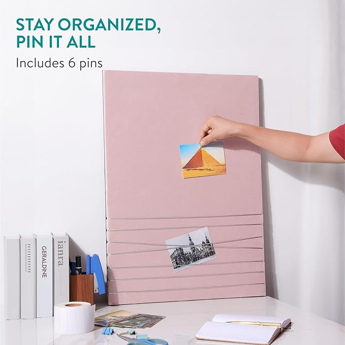 Navaris Fabric Memo Bulletin Board - 20" x 28" Velvet Memory Board for Wall to Display Photo Collages, Pictures, Notes - Includes 6 Push Pins - Pink