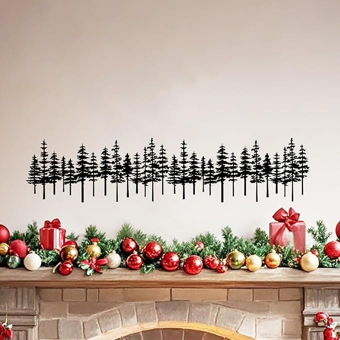 Metal Pine Tree Wall Art Decor Nature Home Decor Cedar Trees Metal Sign Wall Decorations for Living Room, Forest Decor, Nature Lover Gift (Black Red)
