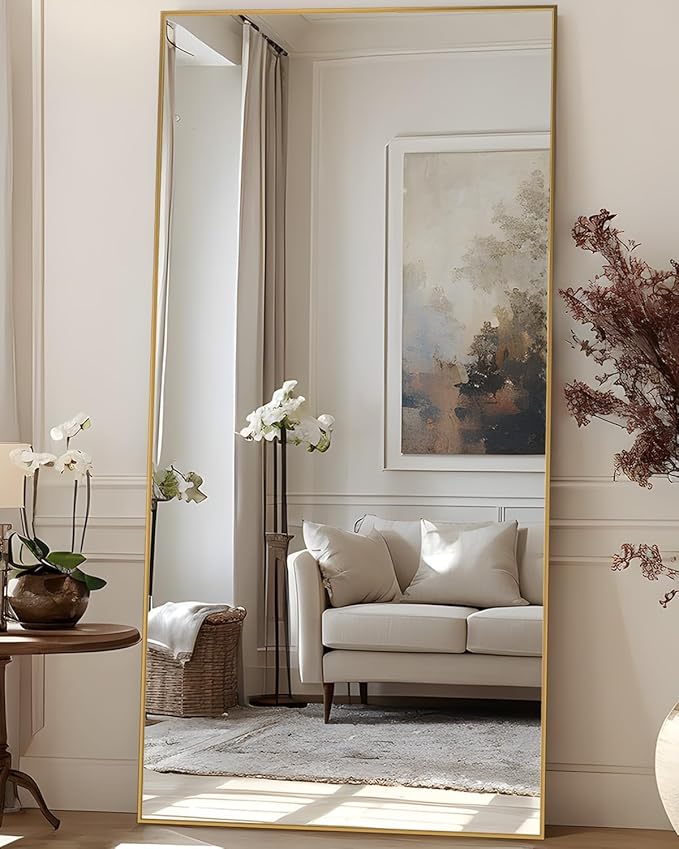 Full Length Mirror, 83"x44" Floor Mirror Freestanding, Oversized Floor Standing Full Body Mirror with Stand for Bedroom, Hanging Mounted for Living Room Cloakroom, Gold, Rect