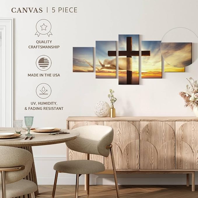 Elephant Stock Holy Cross Wall Art Multi Piece Canvas - 5 Panel Christian Pictures Decor - Digital Design Canvas Print - Christian Wall Decor - 74" X 34"