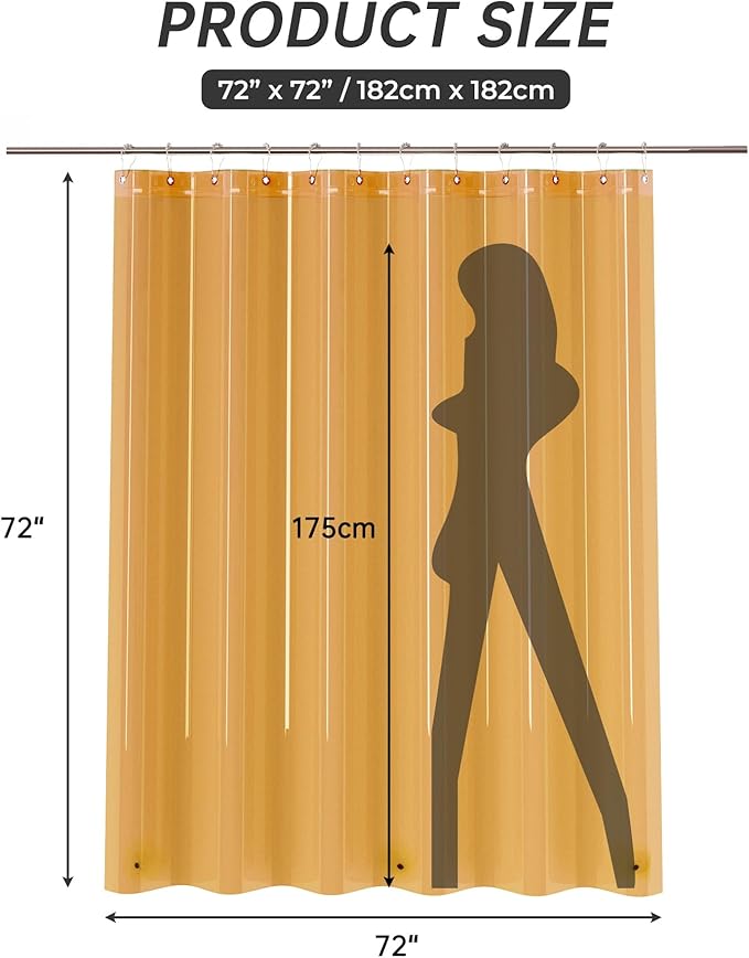 AmazerBath Shower Curtain Liner, 72x72 Transparent Orange Shower Liner, Lightweight Plastic Shower Curtain Liners, Cute Waterproof Shower Liner for Bathroom with 3 Magnets and 12 Grommet Holes