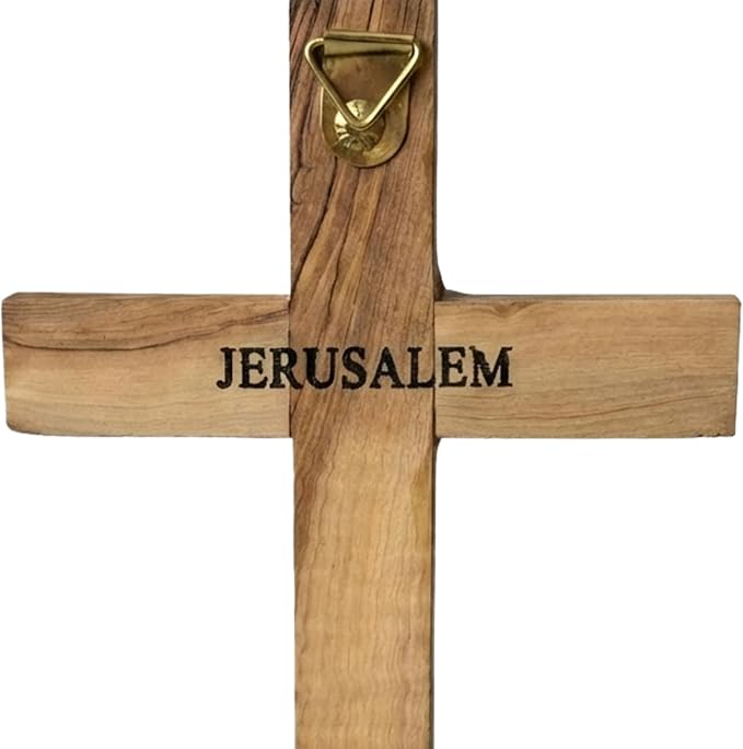 Spring Nahal Handcrafted Olive Wood Wall Cross from Bethlehem - Natural Finish Christian Crucifix with Certificate - 7.9 Inch / 20 cm