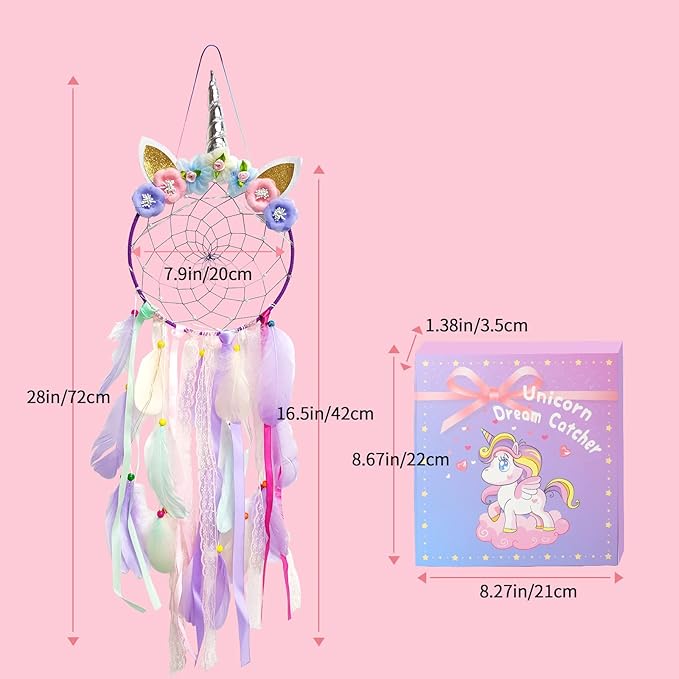 LED Lighted Up Unicorn Dream Catcher Wall Decor Colorful Feather Dreamcather Wall Hanging for Girls Kids Bedroom Decoration (Purple with Light)