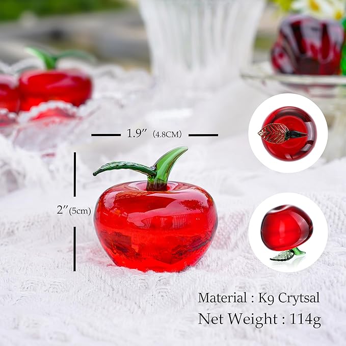 Hand Blown Glass Red Apple Figurine Crystal Fruits Collectibles Apples Art Ornament Decoration for Home Office Kitchen Gift for Women