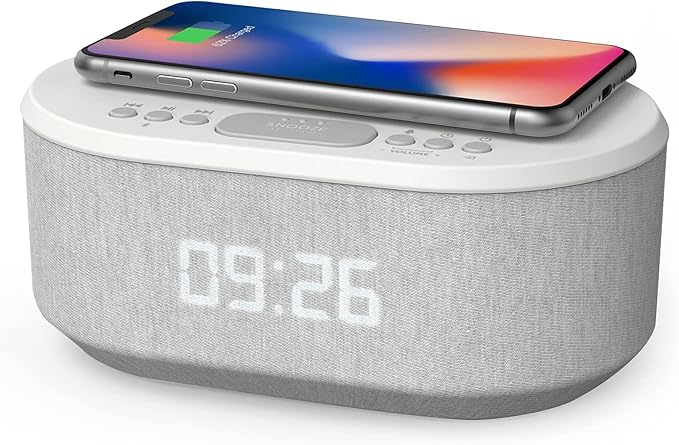 i box Dawn RadioFM , Bluetooth Wireless Speaker, Fast Charging, Clock Radio, LED Display, USB Charger, Dimmable Night Light, Alarm Clock Feature, Wireless Charger, Digital Clock, Dual Alarm (White)