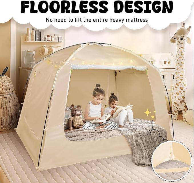 Bed Tent Bed Canopy Breathable 100% for Adult and Kids Light Reduction Sleeping Dream Tents Indoor Portable Big Space with String Light 4 Doors Twin Full Queen King Size