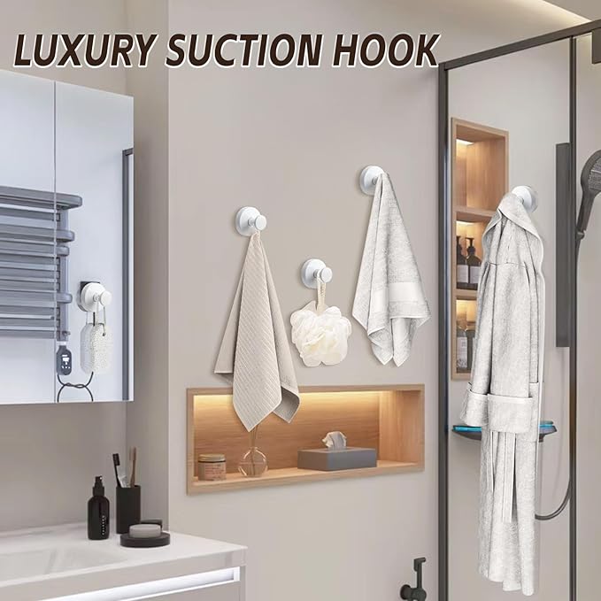 Reusable Heavy Duty Suction Cup Hooks for Kitchen/Bathroom/Shower - Wet-Proof Hooks for Towels, Robes, Loofah&Wreaths/No Drill Mounting on Glass, Tile, Metal (4, White)