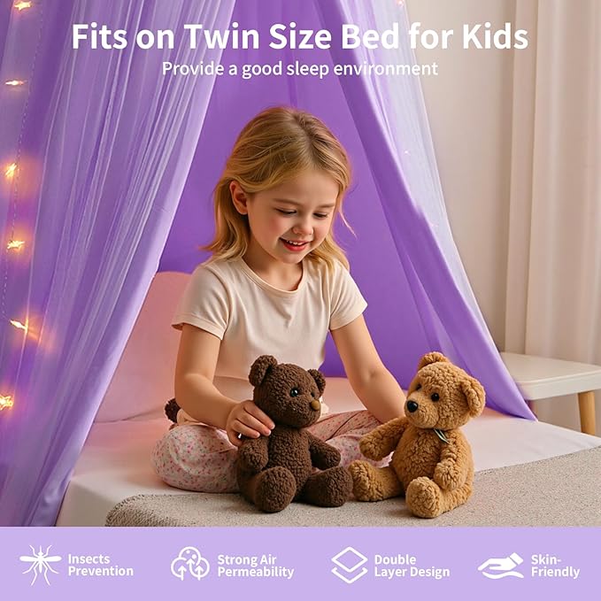 Bed Canopy with Star Lights, Double Layer Bed Canopy for Girls, Princess Canopy Bed Curtain for Twin Bed, Breathable Kids Dreamy Play Tent Castle Reading Nook, Machine Washable, 26''x125'' - Pruple