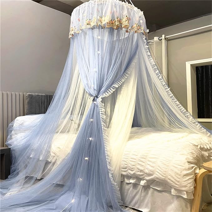 VETHIN Princess Bed Canopy for Girls Double Layer Sheer Mesh Dome Elegant Embroidery Lace Mosquito Net Bed Curtain for Full Queen King Bed with led Stars String Lights(Grey/White)