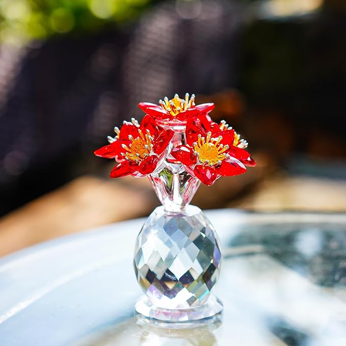 Crystal Red Flower Figurine with Base Glass Flower Figurine Collectibles Gifts for Women Mum Crystal Decoration for Home Office