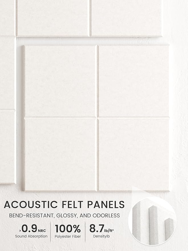 Bumusty Large Felt Bulletin Board, 48" x 36" Cork Board Alternative, 12-Pack Wall Tiles with 4-Compartment Design, 30 Push Pins, 70 Adhesive Tabs, Ideal for Office & Home Decor, Milky White