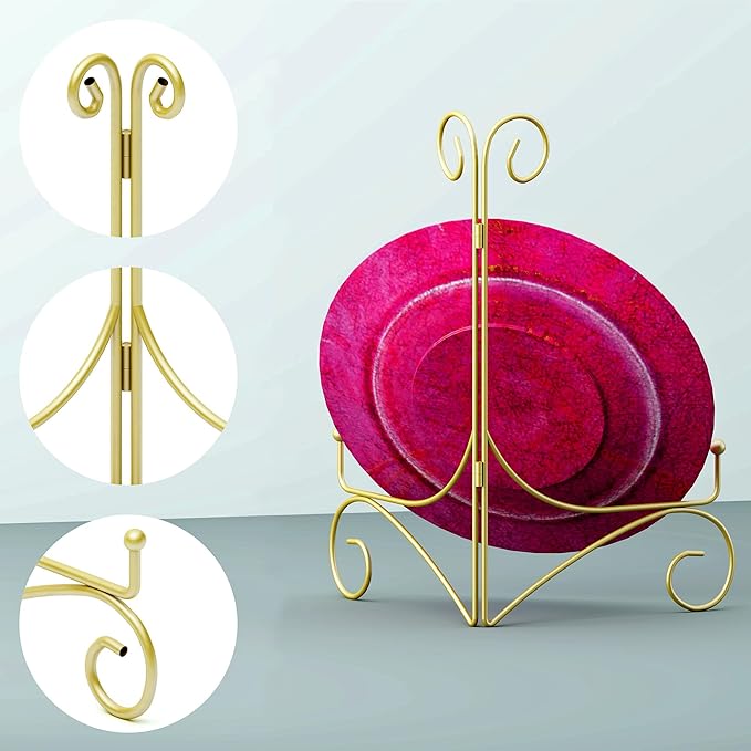 Plate Stand for Display with Hinged Folding Design, 6 Inch Picture Stands for Tables, Small Easels for Displaying Book, Art Piece, Photo and Platter, 6’’ Gold, 2-Pack