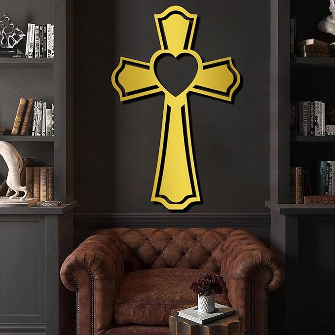 Metal Cross for Wall, Crosses Wall Decor, Cross Heart Metal Wall Art, Christian Wall Decor, Christian Cross Wall Decor, Religious Wall Decor, Faith Wall Decor, Spiritual Wall Decor (Gold, 19"x12" | 47x30cm, metal wall art)