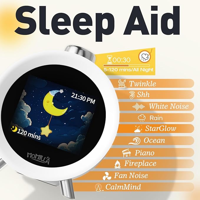MOMILLA Alarm Clock for Heavy Sleepers, Colorful Screen Temperature, Loud 7-Day Programmable 4 Alarms, Small Clocks Bedrooms for Kids Adults Boys Girls, Easy to Set, Digital White Noise, Hourly Chime