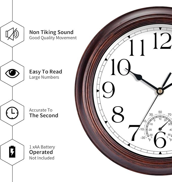 10 Inch Outdoor Wall Clock with Thermometers, Vintage Silent Wall Clocks Battery Operated, Retro Non-Ticking Clock Decorative for Living Room, Patio, Kitchen, Office, Bathroom, Bedroom(Bronze)