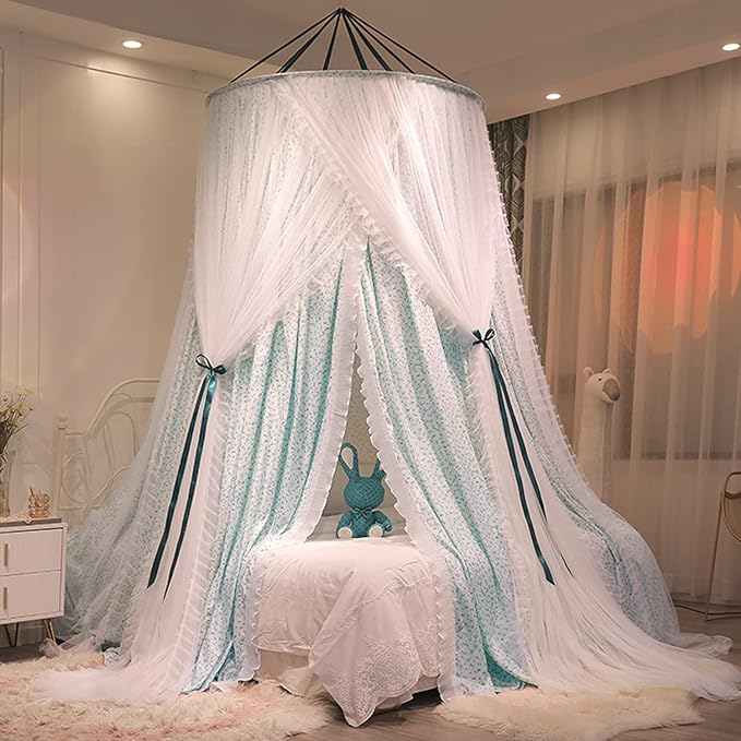 Kertnic Luxurious Bed Canopy for Girls & Adults, Large Elegant Double Layer Bed Curtain Canopy Drapes, Round Dome Lace Princess Canopies Netting (Fresh)
