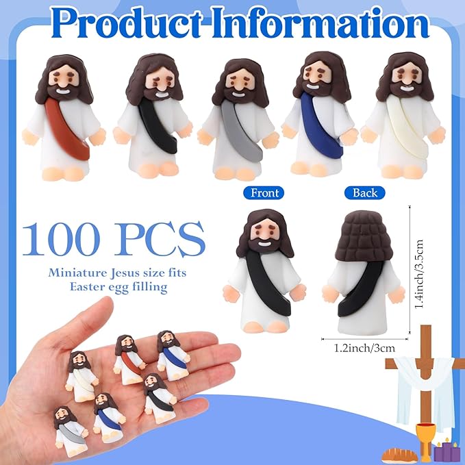 Bememo 100 Pcs Jesus Toys Original Design Mini Rubber Little Jesus Figurine to Hide and Seek Religious Party Favors Sunday School Craft Baptism Gifts for Easter Egg Stuffers (Dark Color)
