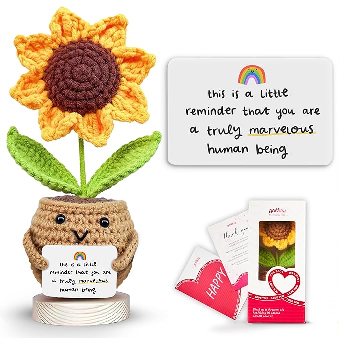 Gossby Positive Sunflower Doll Crochet with Card - This is A Little Reminder - Appreciation Gift for Coworker, Best Friend, Teacher, Sister, Mom - Christmas, Birthday, Thank You Gift for Women, Men