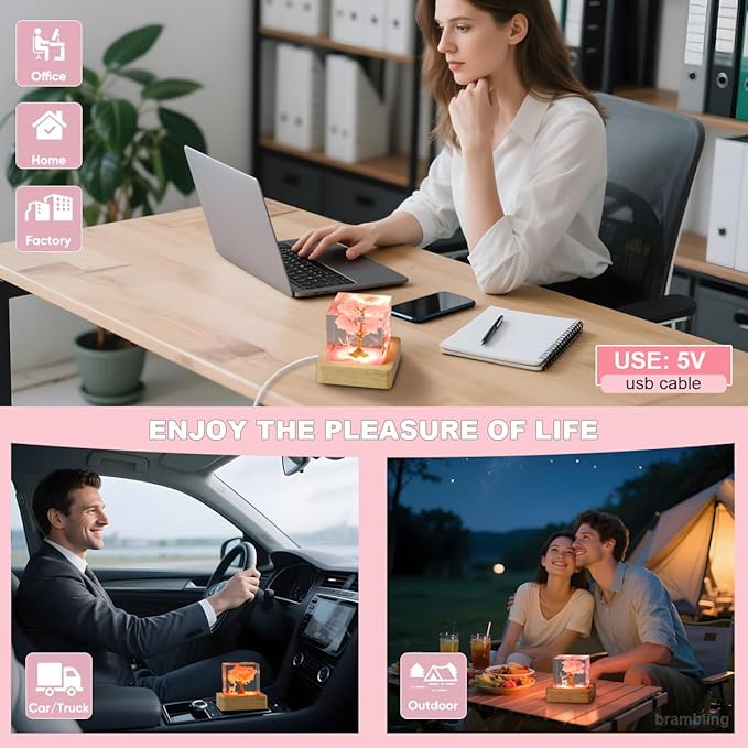 brambing Mini Epoxy Resin Lamp Sakura Elk Ambient Light Bubble Free, Non Stringy, Odorless, Durable Premium Home Decor Piece, Perfect Craft for Collection Ideal Gift Choice. (Pink, Mini- 2 inches)