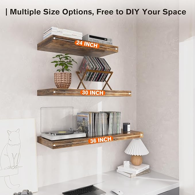 Floating Shelf, Set of 2 Wall Shelf, 30 in W x 12.75 in D x 2 in H Wooden Floating Wall Shelf with Invisible Brackets for Living Room/Bedroom/Bathroom/Kitchen Storage and Decor, Rustic Brown