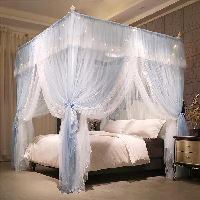 VETHIN 4 Corners Post Ruffle Princess Bed Canopy Curtain-Double Layer Cozy Drape Netting 4 Opening Mosquito Net for Girls Adults Bedroom Decoration (Gray/White,64" W*82" L*82"*H/Queen)