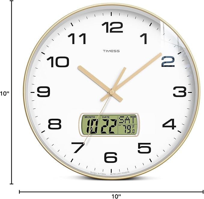 Wall Clock, 10" Dial Non-Ticking Silent Battery Operated Analog with LCD Display for Perpetual Calendar and F° Temperature, Ideal Modern Home, Bedroom, Kitchen, Office Decor (Gold)