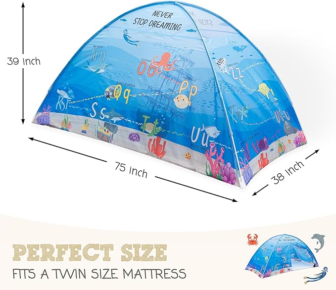 Water World Twin Bed Tent for Kids Indoor Fort - Magical Dream Tents for Boys Pop Up Toddler Bed Canopy for Girls Bunk Bed Tent for Top Bunk - Sensory Sleep Pod for Kids Educational