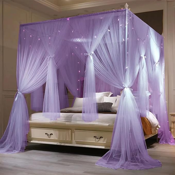 VETHIN 4 Corners Post Princess Bed Canopy Curtain Double Layer Cozy Drape Netting 4 Opening Mosquito Net for Girls & Adults Bedroom Decoration Accessories (Double Purple, 47" W*78" L*82"*H/Twin)