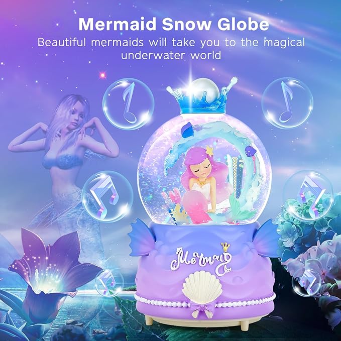 BREIS Snow Globe,100MM Mermaid Snow Globes Automatic Snowflakes with Music Boxes LED Lights,Home Decor Birthday Christmas Valentines Gifts for Girls Kids Girlfriend Women