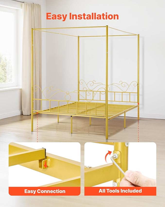 VEVOR Canopy Bed Frame Queen Size, Metal Canopy Bed with Minimalist Headboard & Four Posters Design, Heavy Duty Steel Slats Support, Underbed Storage Space, No Box Spring Needed, Easy Assembly, Gold