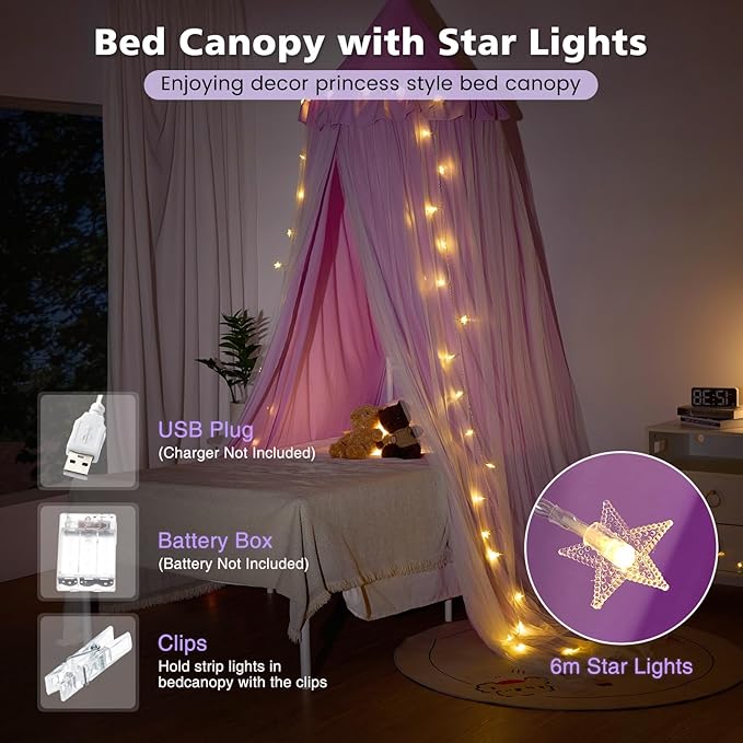 Bed Canopy with Star Lights, Double Layer Bed Canopy for Girls, Princess Canopy Bed Curtain for Twin Bed, Breathable Kids Dreamy Play Tent Castle Reading Nook, Machine Washable, 26''x125'' - Pruple