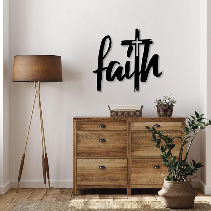 Faith Cross Metal Wall Sign, Faith Metal Wall Decor, Christian Wall Art, Spiritual Wall Decor, Religious Wall Art for Living room, Church (24"x22" | 60x55cm, Silver)