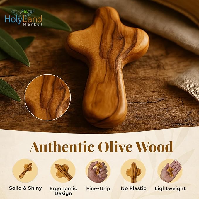 Holy Land Market Olive Wood Crosses - 25 Small 2.5" Pocket Palm Crucifix | Handmade Jerusalem Crosses with Certificates & Lord Prayer Card | Meditation & Prayer Crosses Holy Land Olive Wood Cross x25