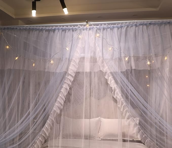 VETHIN 4 Corners Post Ruffle Princess Bed Canopy Curtain-Double Layer Cozy Drape Netting 4 Opening Mosquito Net for Girls Adults Bedroom Decoration (Gray/White,47" W*78" L*82" H/Twin)
