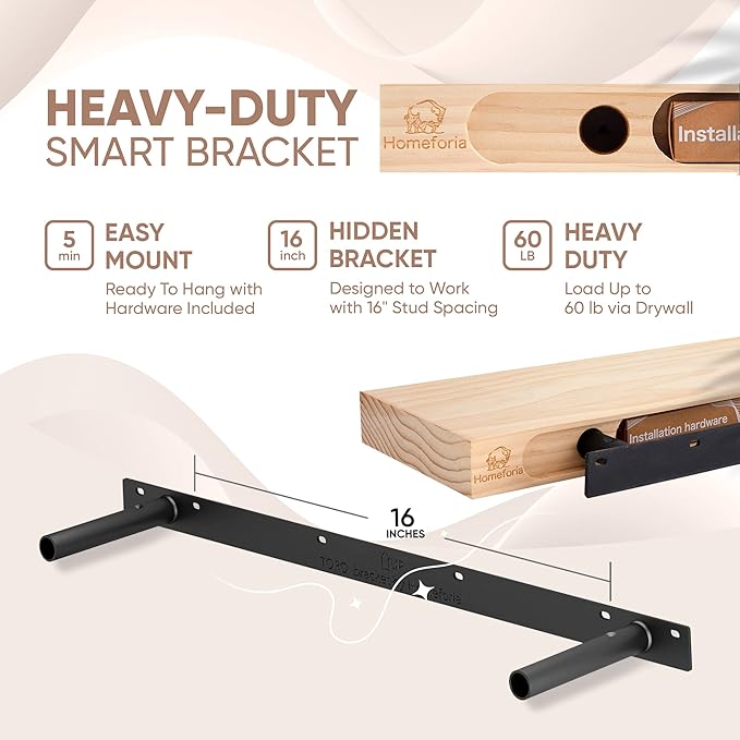 Homeforia 30 inch Wood Floating Shelves, High End Solid Natural Wood 30inch Floating Shelf for Wall, Unfinished Wooden 30 inches Floating Shelves, Heavy Duty Bracket, 30 X 6.5 X 1.75 in, Set of 4