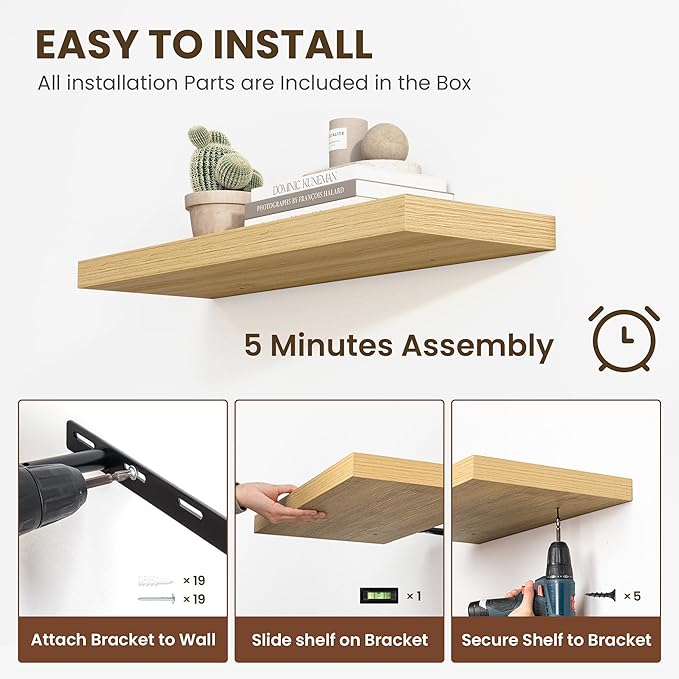 48 Inch Floating Shelves, 12 Inch Deep Floating Shelves for Wall, Large Floating Shelf with Invisible Brackets, Deep Shelves for Bathroom, Bedroom, Living Room, 1 Pack, Natural