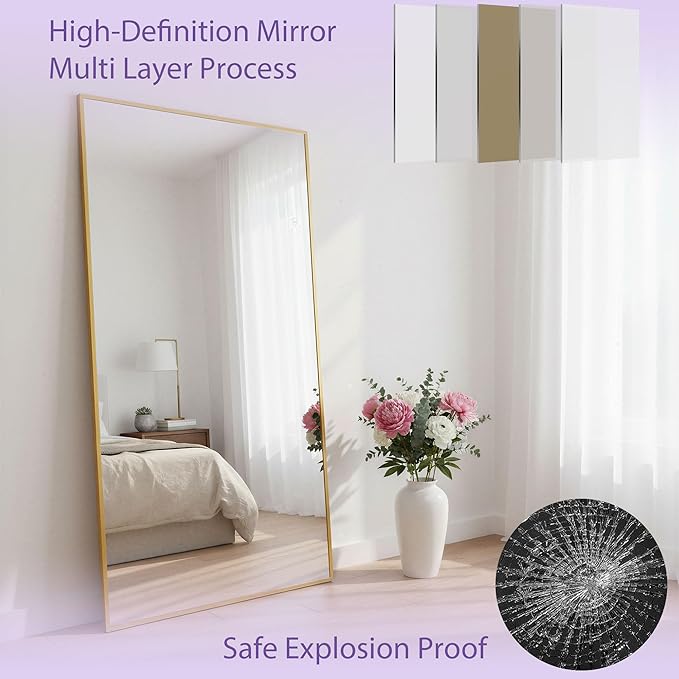 Full Length Mirror, 83"x44" Floor Mirror Freestanding, Oversized Floor Standing Full Body Mirror with Stand for Bedroom, Hanging Mounted for Living Room Cloakroom, Gold, Rect