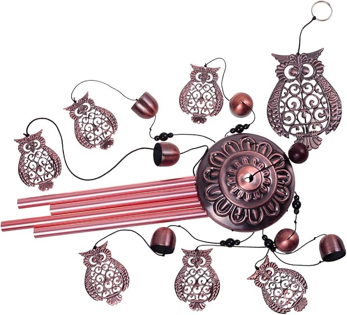 Owl Wind Chimes Outdoor Indoor Decor -with 4 Aluminum Tubes 6 Bells 7 Owls 37Inch Waterproof Mobile Romantic Wind Catcher Owl Windchimes for Home, Xmas Mom Gifts, Balcony, Festival, Garden Decoration
